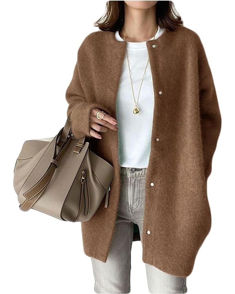 Women's Coat Loose Button Jacket Coat Brown Knit $18.68 Coats