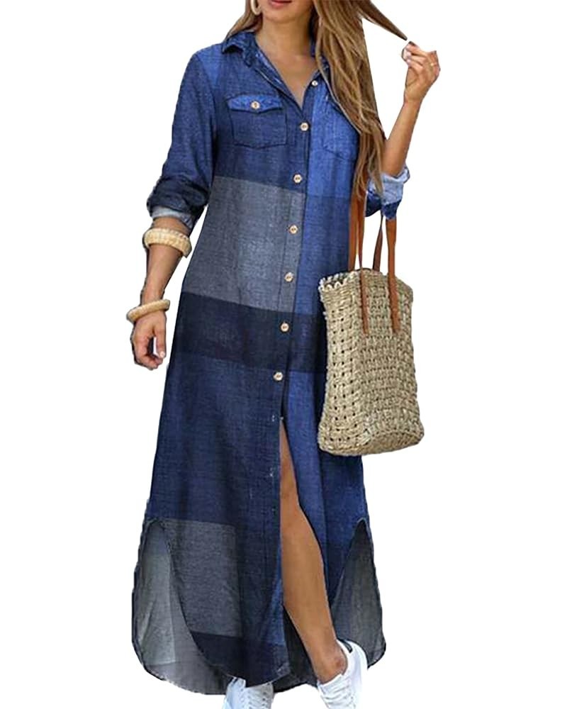 Women's Casual Long Sleeve Button Down Lapel Collar Maxi Dress Floral Printed Long Shirt Loose Dress Blue $19.19 Dresses