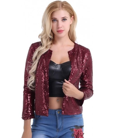 Women's Shiny Sequins Long Sleeves Cropped Blazer Coat Sparkly Bomber Cardigan Jacket Burgundy $14.00 Blazers