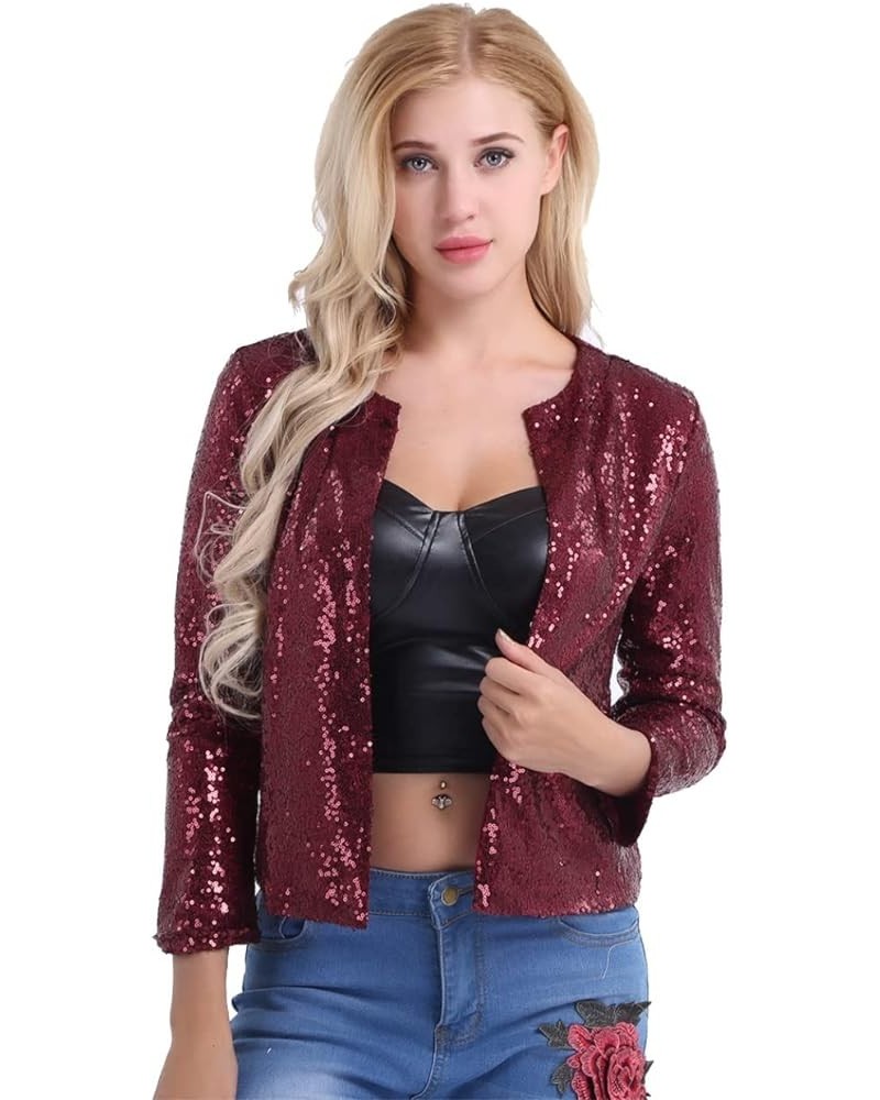 Women's Shiny Sequins Long Sleeves Cropped Blazer Coat Sparkly Bomber Cardigan Jacket Burgundy $14.00 Blazers