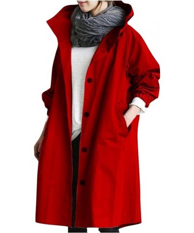 Oversized Winter Trench Coat Hooded Jacket for Women,Classic Solid Colour Button Temperament Waisted Long Sleeve Coats 02-red...