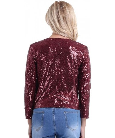 Women's Shiny Sequins Long Sleeves Cropped Blazer Coat Sparkly Bomber Cardigan Jacket Burgundy $14.00 Blazers