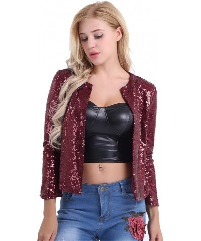 Women's Shiny Sequins Long Sleeves Cropped Blazer Coat Sparkly Bomber Cardigan Jacket Burgundy $14.00 Blazers