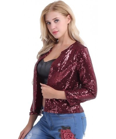 Women's Shiny Sequins Long Sleeves Cropped Blazer Coat Sparkly Bomber Cardigan Jacket Burgundy $14.00 Blazers