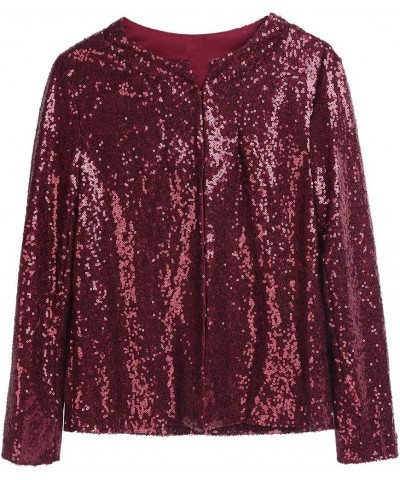 Women's Shiny Sequins Long Sleeves Cropped Blazer Coat Sparkly Bomber Cardigan Jacket Burgundy $14.00 Blazers