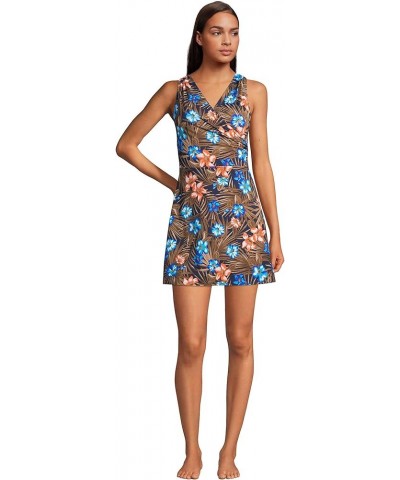 Womens Tummy Control Surplice Wrap Swim Dress Deep Sea Navy Tropic Palm $27.82 Swimsuits