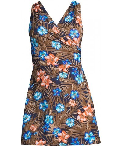 Womens Tummy Control Surplice Wrap Swim Dress Deep Sea Navy Tropic Palm $27.82 Swimsuits