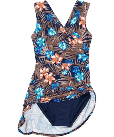 Womens Tummy Control Surplice Wrap Swim Dress Deep Sea Navy Tropic Palm $27.82 Swimsuits