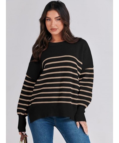 Oversized Sweaters for Women Fall 2023 Crewneck Batwing Long Sleeve Side Slit Knit Pullover Sweater Tops Jumper Stripe Yellow...