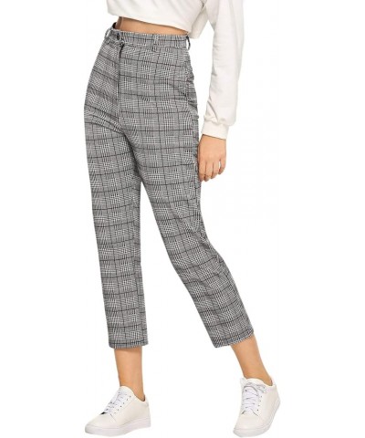 Women's Mid Waist Plaid Print Cropped Pants Vintage Tartan Trousers Grey $15.89 Pants