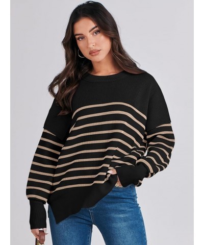 Oversized Sweaters for Women Fall 2023 Crewneck Batwing Long Sleeve Side Slit Knit Pullover Sweater Tops Jumper Stripe Yellow...