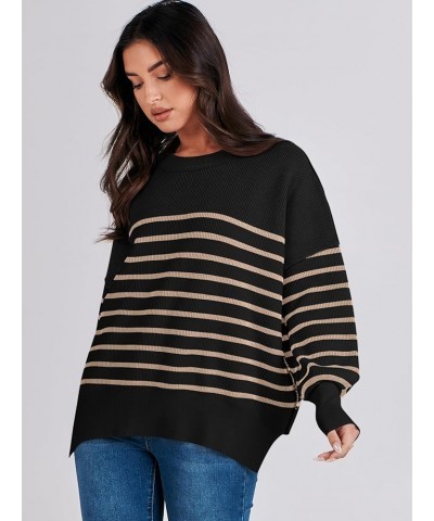 Oversized Sweaters for Women Fall 2023 Crewneck Batwing Long Sleeve Side Slit Knit Pullover Sweater Tops Jumper Stripe Yellow...