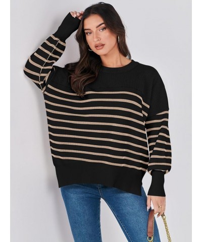 Oversized Sweaters for Women Fall 2023 Crewneck Batwing Long Sleeve Side Slit Knit Pullover Sweater Tops Jumper Stripe Yellow...