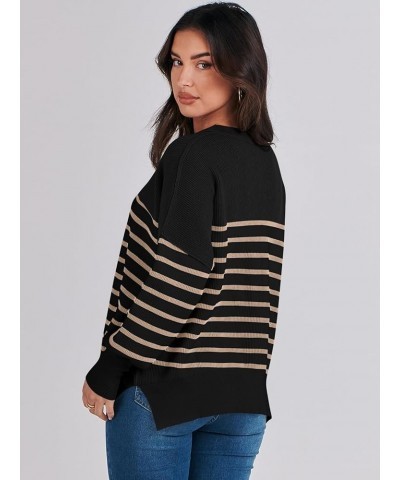 Oversized Sweaters for Women Fall 2023 Crewneck Batwing Long Sleeve Side Slit Knit Pullover Sweater Tops Jumper Stripe Yellow...