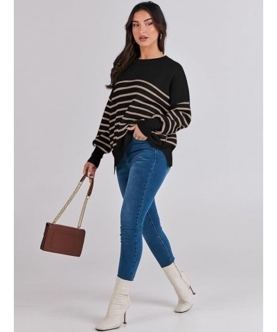 Oversized Sweaters for Women Fall 2023 Crewneck Batwing Long Sleeve Side Slit Knit Pullover Sweater Tops Jumper Stripe Yellow...