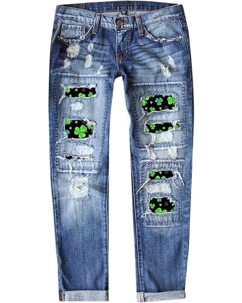 Straight Leg Jeans for Women Ripped Hem Low Waisted St. Patrick's Day Printed Perforated Long Denim Pants 2-blue $21.60 Jeans