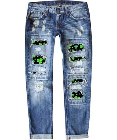 Straight Leg Jeans for Women Ripped Hem Low Waisted St. Patrick's Day Printed Perforated Long Denim Pants 2-blue $21.60 Jeans