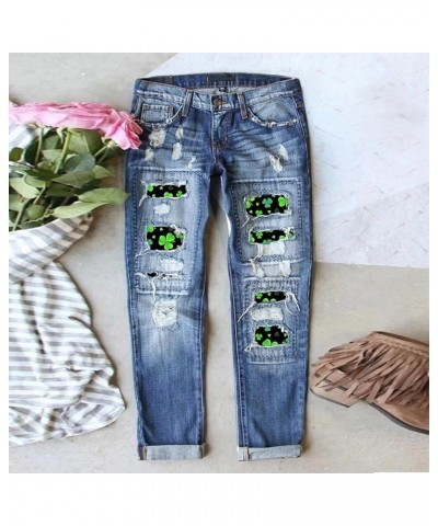 Straight Leg Jeans for Women Ripped Hem Low Waisted St. Patrick's Day Printed Perforated Long Denim Pants 2-blue $21.60 Jeans