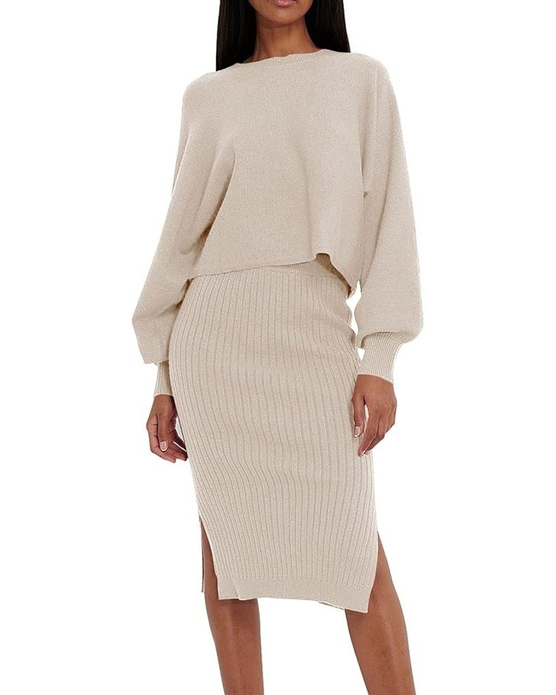 Women's 2 Piece Sweater Outfit Sets Puff Long Sleeve Knit Top and Bodycon Slit Midi Skirt Dress Apricot $20.50 Dresses