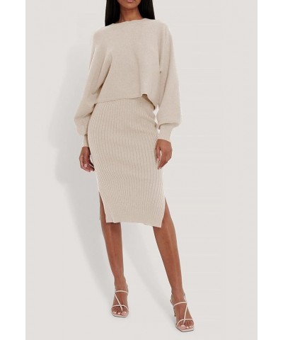 Women's 2 Piece Sweater Outfit Sets Puff Long Sleeve Knit Top and Bodycon Slit Midi Skirt Dress Apricot $20.50 Dresses