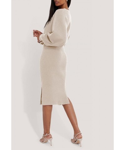 Women's 2 Piece Sweater Outfit Sets Puff Long Sleeve Knit Top and Bodycon Slit Midi Skirt Dress Apricot $20.50 Dresses