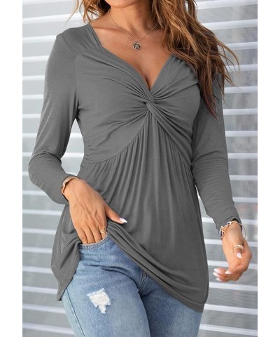 Women V-Neck Front Knotted Blouse Shirt Long Sleeve Elegant Casual T-Shirt Solid Color Pullover Tops B26-gray $20.99 Tops