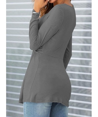 Women V-Neck Front Knotted Blouse Shirt Long Sleeve Elegant Casual T-Shirt Solid Color Pullover Tops B26-gray $20.99 Tops