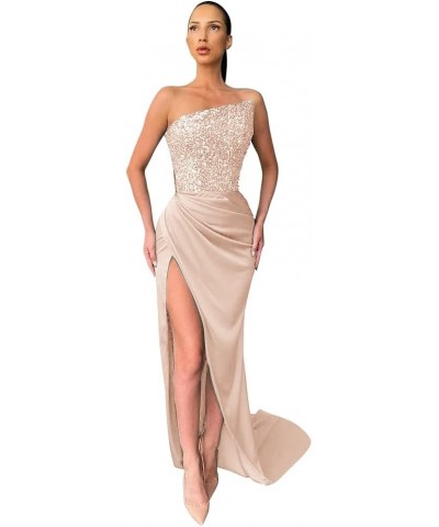 Sexy Sequin Mermaid Prom Dress Sleeveless Long Satin Evening Gown with Slit Plus Size Blush Pink $42.75 Dresses