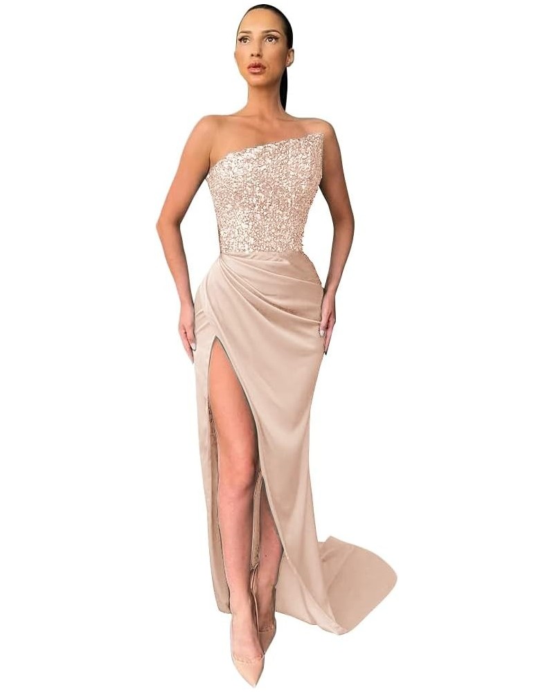 Sexy Sequin Mermaid Prom Dress Sleeveless Long Satin Evening Gown with Slit Plus Size Blush Pink $42.75 Dresses