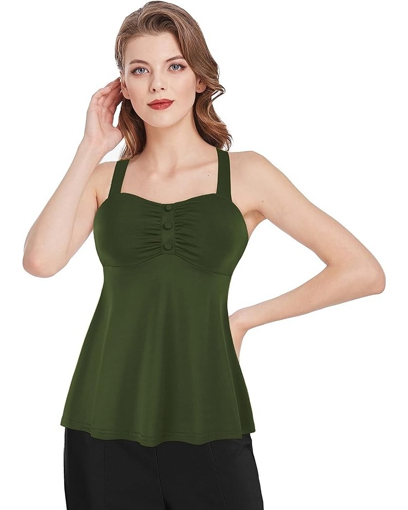 Women's Summer Tank Tops Sleeveless Vintage Ruched Blouses Shirts Army Green $17.00 Tanks