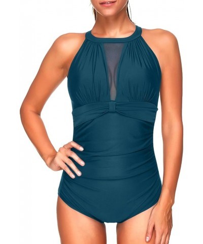 Women One Piece Swimsuit High Neck Plunge Ruched Tummy Control Bathing Suit M-malachite Green-a $14.00 Swimsuits