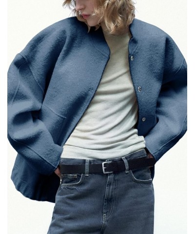 Womens Oversized Bomber Jackets Wool Blend Button Down Casual Varsity Jacket Coats Outerwear Blue $15.65 Coats