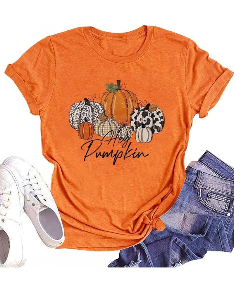 Halloween Pumpkin Graphic Shirt Women Leopard Pumpkin Short Sleeve Cute Fall Tee Tops Thanksgiving Gift T-Shirt Orange2 $11.7...