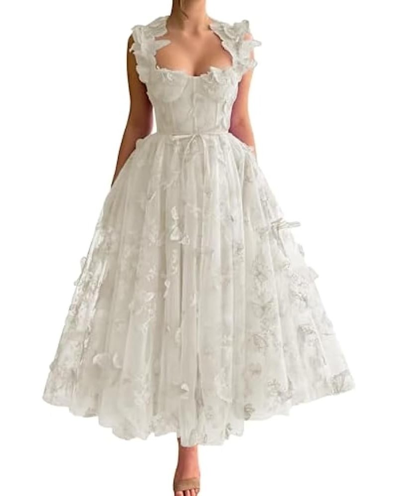 3D Butterfly Applique Tulle Prom Dresses Sweetheart Spaghetti Straps A Line Formal Princess Gowns for Women Ivory $30.75 Dresses