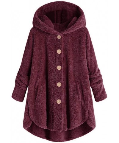 2023 Teddy Jackets Fall Fashion Womens Teddy Coats Fleece Button Down Hooded Tops Warm Winter Outerwear with Pockets 25-wine ...