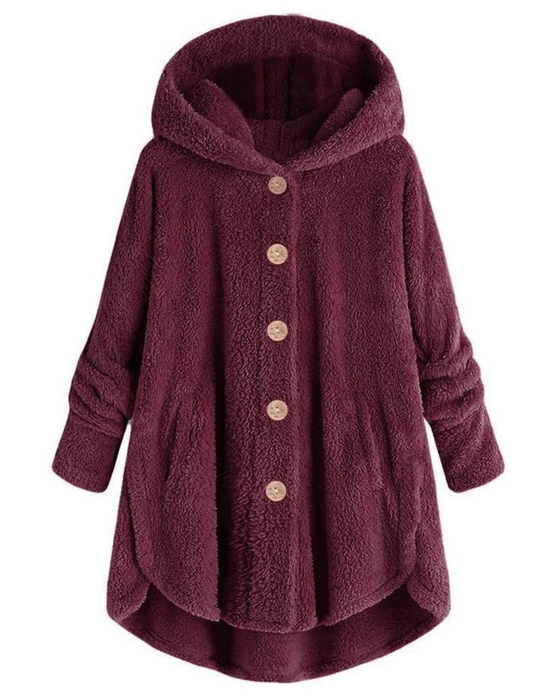 2023 Teddy Jackets Fall Fashion Womens Teddy Coats Fleece Button Down Hooded Tops Warm Winter Outerwear with Pockets 25-wine ...