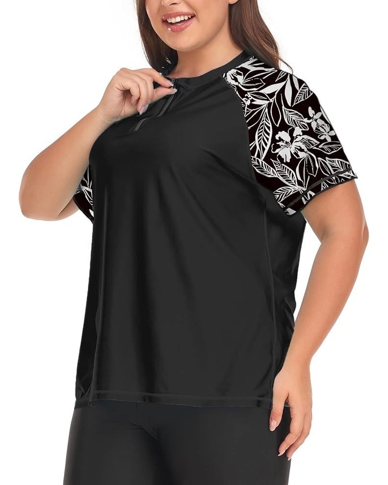 Women's Plus Size Rash Guard Swim Shirt Short Sleeves UPF 50+ Swimwear Workout Top 0X-6X Floral 11 Black $16.37 Swimsuits