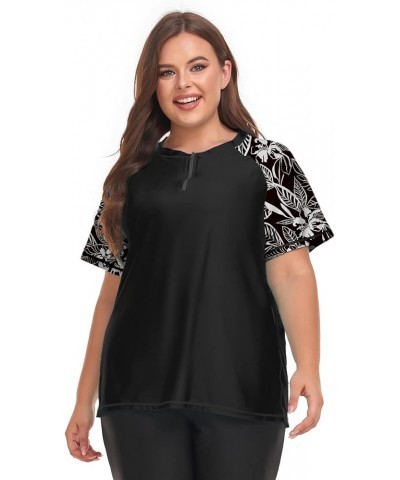 Women's Plus Size Rash Guard Swim Shirt Short Sleeves UPF 50+ Swimwear Workout Top 0X-6X Floral 11 Black $16.37 Swimsuits