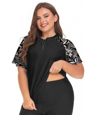 Women's Plus Size Rash Guard Swim Shirt Short Sleeves UPF 50+ Swimwear Workout Top 0X-6X Floral 11 Black $16.37 Swimsuits