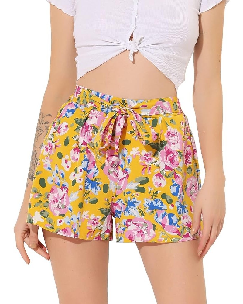 Women's Printed Elastic Tie High Waist Culottes Beach Summer Shorts Yellow-floral $12.18 Shorts