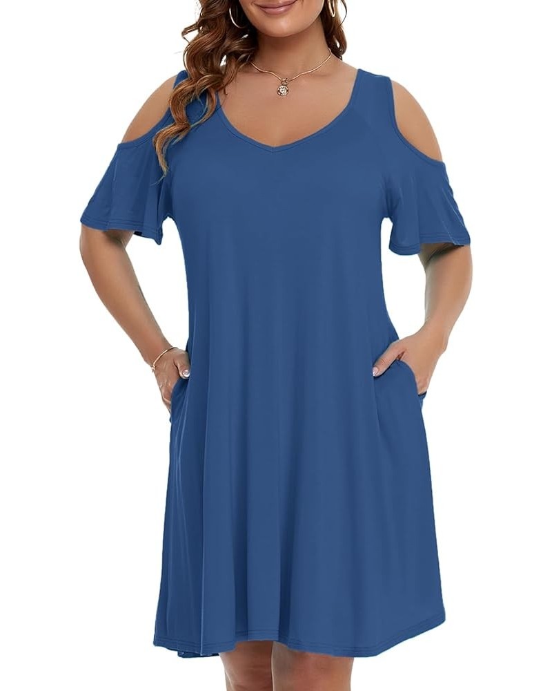 Womens Plus Size Short Sleeve Cold Shoulder V Neck T-Shirt Dress with Pockets Steelblue $15.65 Dresses