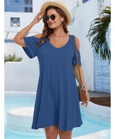 Womens Plus Size Short Sleeve Cold Shoulder V Neck T-Shirt Dress with Pockets Steelblue $15.65 Dresses