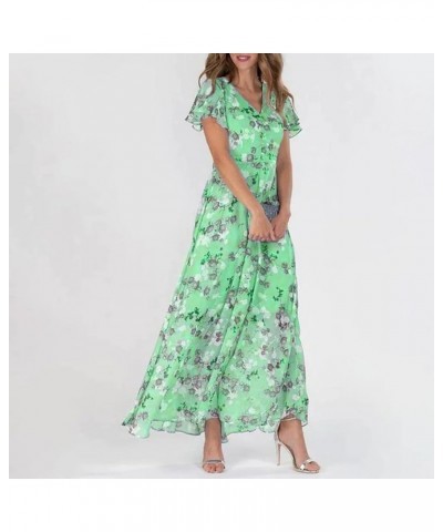 Women Casual Summer Short Ruffles Tiered Sleeve Smocked Midi Dresses Bohemian Floral V Neck Wedding Guest Dresses B020-green ...