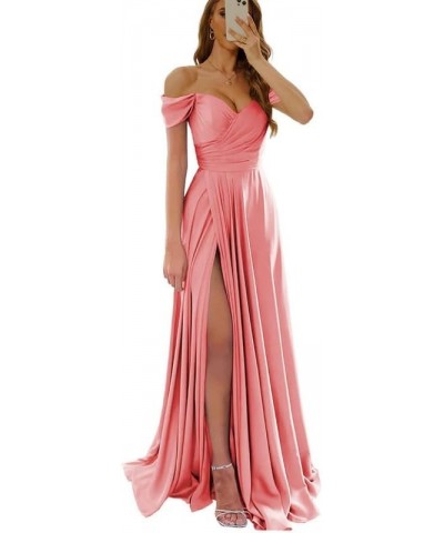 Womens Off Shoulder Prom Dresses Satin Long Formal Wedding Guest Party Gowns Dress with Slit Coral $32.44 Dresses