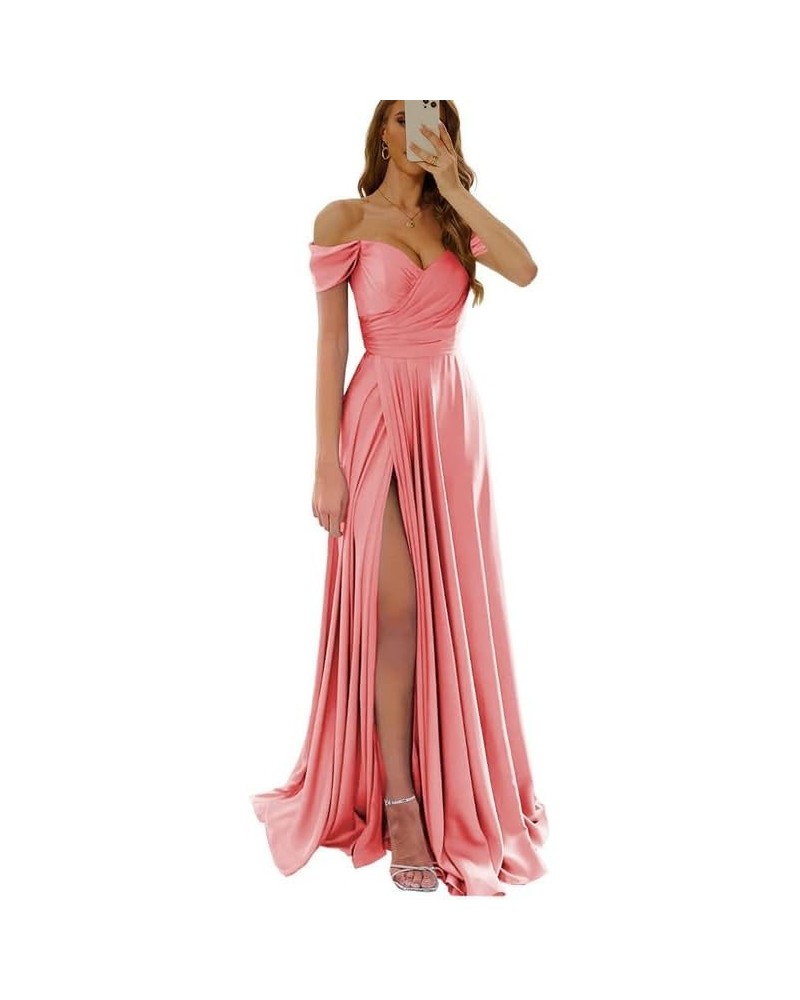 Womens Off Shoulder Prom Dresses Satin Long Formal Wedding Guest Party Gowns Dress with Slit Coral $32.44 Dresses