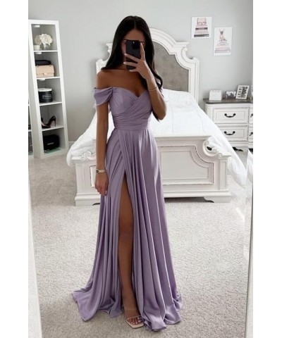 Womens Off Shoulder Prom Dresses Satin Long Formal Wedding Guest Party Gowns Dress with Slit Coral $32.44 Dresses