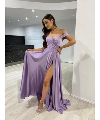 Womens Off Shoulder Prom Dresses Satin Long Formal Wedding Guest Party Gowns Dress with Slit Coral $32.44 Dresses