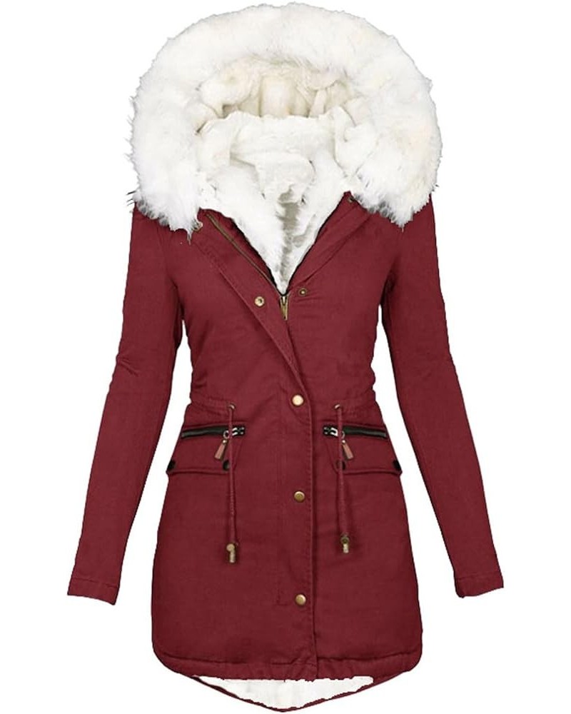 Womens Winter Coats Trendy Plus Size Fleece Sherpa Lined Parkas Jacket Thicken Windproof Outerwear With Fur Hood 15-wine $11....