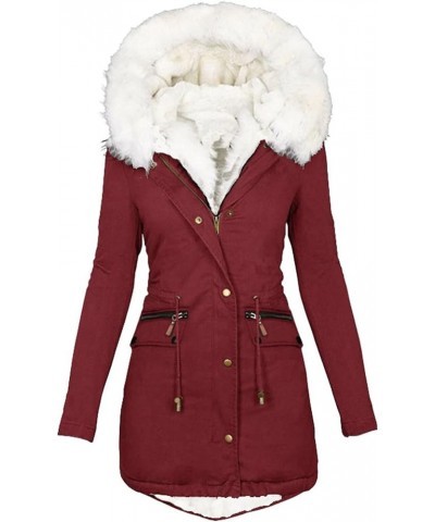 Womens Winter Coats Trendy Plus Size Fleece Sherpa Lined Parkas Jacket Thicken Windproof Outerwear With Fur Hood 15-wine $11....