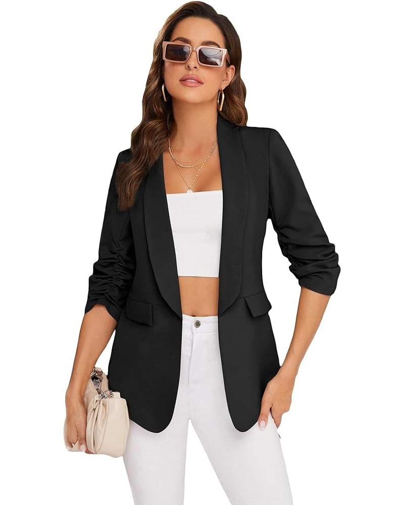 Women's Open Front Ruched Half Sleeve Blazer Elegant Office Work Jacket Black $23.99 Blazers